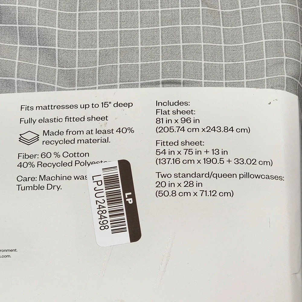 Room Essentials Full‎ Sheet Set Gray White Windowpane Grid Cotton Blend Sateen